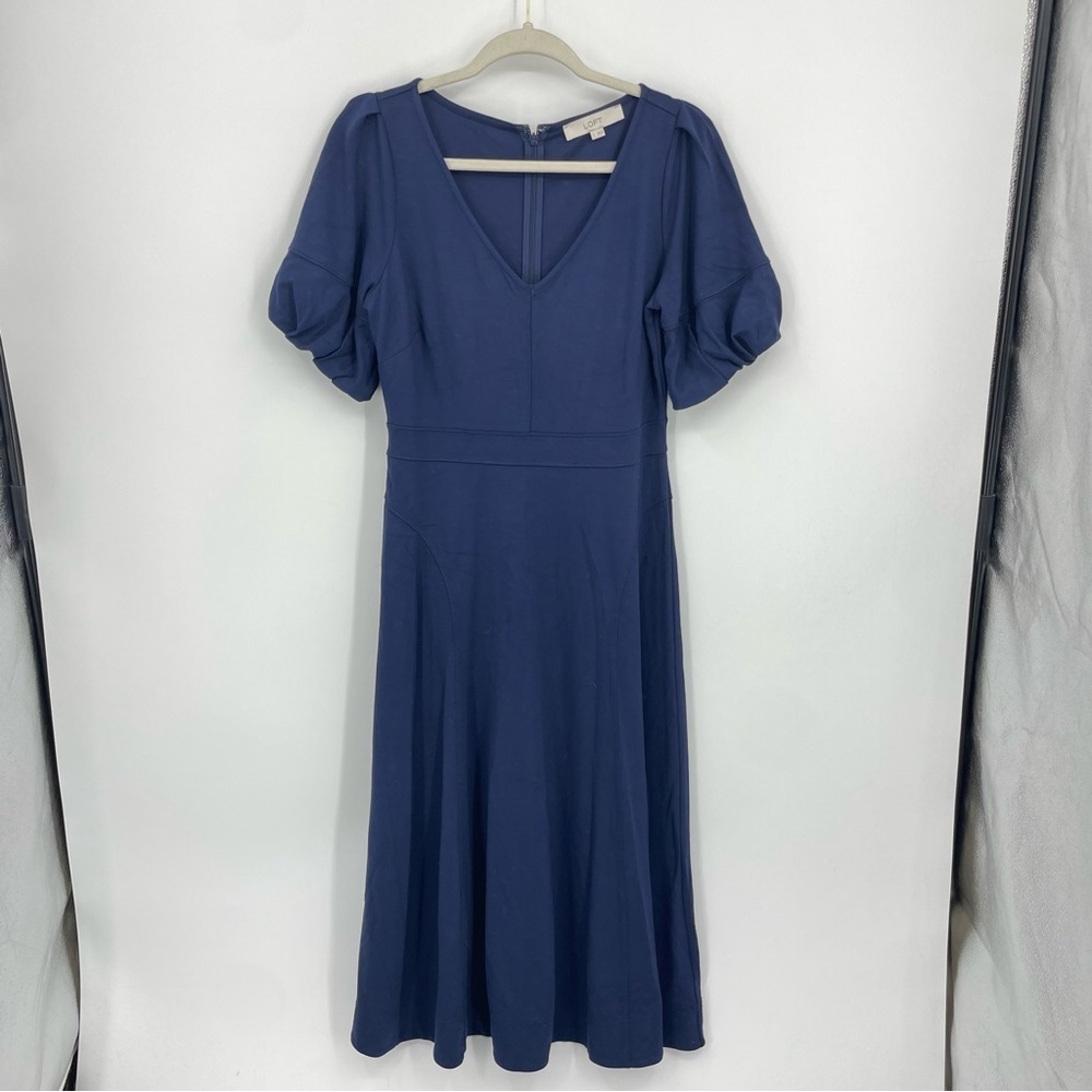 LOFT Navy Midi Dress with Puff Sleeves